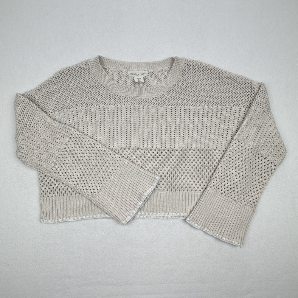 Happily Grey Beige Open Knit Cropped Sweater Pointelle Mesh Pullover Womens L